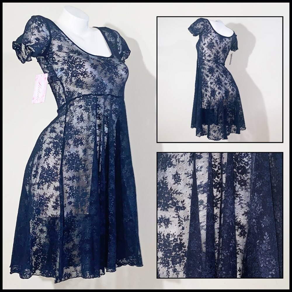 BEAUTIFUL NEW "NATALIE DANCEWEAR" XXL BLACK SHORT SLEEVE SHEER LACE COVER DRESS